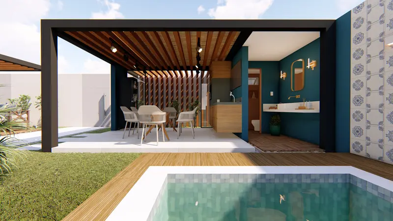 Área de lazer com pergolado de madeira e piscina