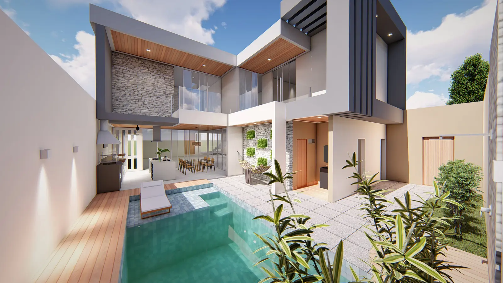 Pátio interno com piscina, deck de madeira e volume em pedra