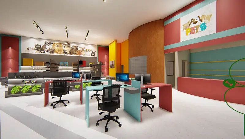Pet center com paredes coloridas e balcão de atendimento